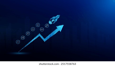 O foguete da nave espacial digital voa para o espaço exterior e seta com ícones de investimento financeiro. Startup grande ideia produto de lançamento criativo. Crescimento do mercado de ações expandido. Projeto de plano de negócios. Vetor.