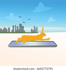 Digital speed concept with yellow hare silhouette running on a smartphone screen, city skyline and blue sky in the background, symbolizing fast internet or mobile performance.