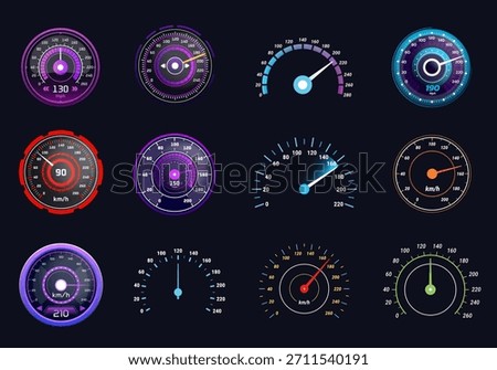 Digital speedometer. Odometer, tachometer speed gauge motorcycle race car rpm meter accelerate futuristic dashboard game hud interface dial neon light, kicky vector illustration
