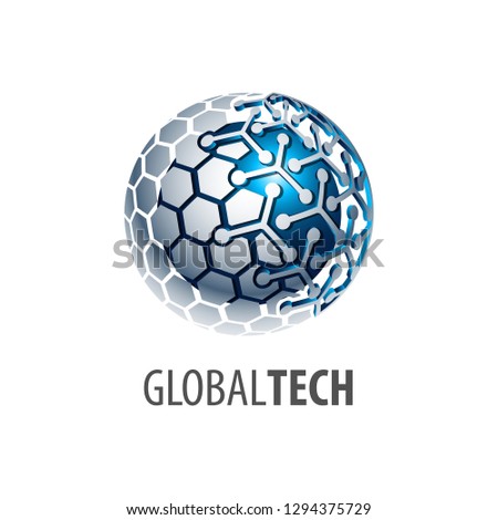 Digital sphere global link technology logo concept design. 3D three dimensional style. Symbol graphic template element vector