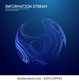 A digital sphere with intricate neon blue and purple contour lines flowing dynamically. The text 'INFORMATION STREAM' emphasizes a futuristic and data-driven theme on a gradient dark blue background.