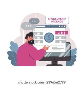 Digital sponsorship exploration. Man reviews detailed Sponsorship Package on computer. Navigating monetary considerations, ensuring beneficial partnerships. Strategic funding approach. Flat vector