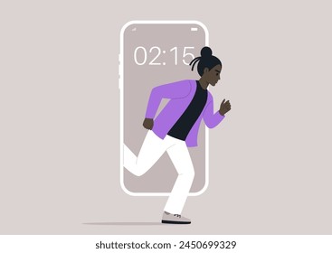 Digital Sprint Into Reality, a character Escaping the Confines of Technology, A person dashes out from a mobile phone screen into the tangible world