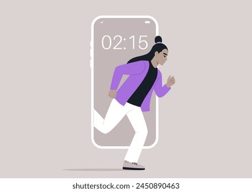 Digital Sprint Into Reality, a character Escaping the Confines of Technology, A person dashes out from a mobile phone screen into the tangible world