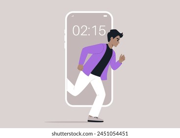 Digital Sprint Into Reality, a character Escaping the Confines of Technology, A person dashes out from a mobile phone screen into the tangible world