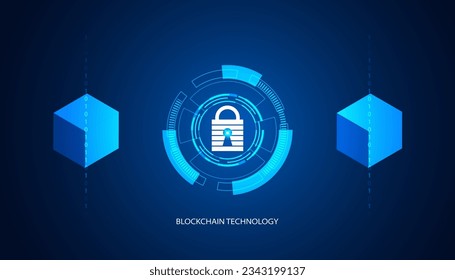 Digital square abstract and padlock digital circuit, circle, hi-tech, blockchain cyber security, technology, cryptocurrency, decentralized on blue background, modern, futuristic.