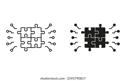 Digital Square Jigsaw Line and Silhouette Icon Set. Puzzle Challenge, Teamwork, Logic Game, Idea Sign. Combination Solution, Pieces Match Icon. Editable Stroke. Isolated Vector Illustration.