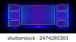 Digital stage screen with led panels. Tv show display for concert or night disco party. Curve concave electronic monitors with neon blue and purple glow. Realistic 3d vector lcd video technology.