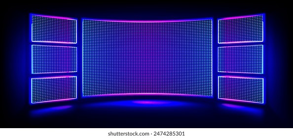 Digital stage screen with led panels. Tv show display for concert or night disco party. Curve concave electronic monitors with neon blue and purple glow. Realistic 3d vector lcd video technology.