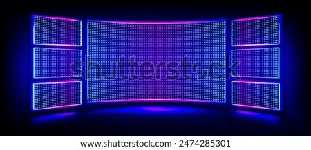 Digital stage screen with led panels. Tv show display for concert or night disco party. Curve concave electronic monitors with neon blue and purple glow. Realistic 3d vector lcd video technology.