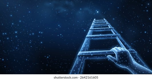 Digital stair with man hand. Career ladder, business growth, success stairs, climb progress, opportunity step, upward movement, employee development, challenge concept, nights sky, coach guidance.