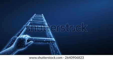Digital stair with man hand. Career ladder, business growth, success stairs, climb progress, opportunity step, upward movement, employee development, challenge concept, nights sky, coach guidance.