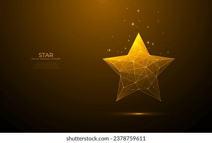 Digital star shape on technology golden background. Abstract light award tech symbol. Low poly wireframe vector illustration in futuristic style with golden glitter. Polygonal top rank concept. 