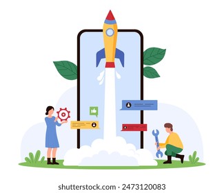 Digital startup boost and development, success of new smart idea. Tiny people holding gear and technical support tool to launch speed rocket from mobile phone screen cartoon vector illustration