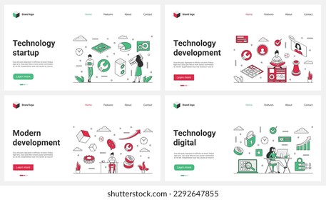 Digital startup development, modern business management technology set vector illustration. Cartoon tiny people manage office process and work with report data, develop financial strategy of company