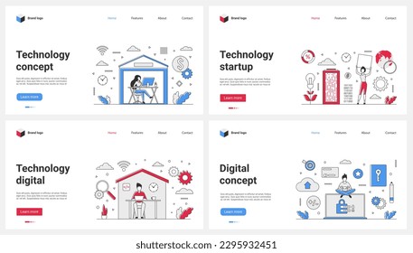 Digital startup technology, freelance and telework set vector illustration. Cartoon tiny people work at computer desk in home workplace, corporate managers telecommuting and freelancing at distance
