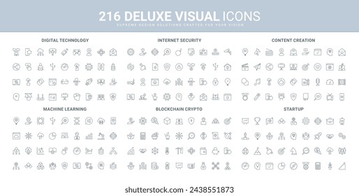 Digital startup technology, trend strategy and sharing solutions line icons set. Internet security and cryptography for blockchain, blog content creation thin black outline symbols vector illustration