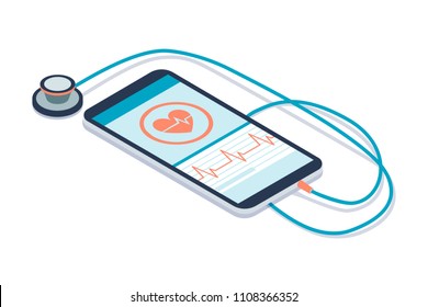 Digital stethoscope connected to a smartphone and icons: innovative medical diagnosis and technology concept