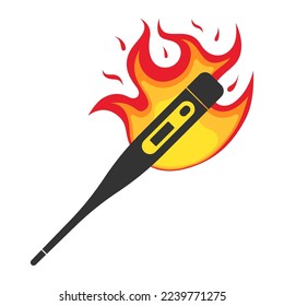 Digital stick thermometer in fire flame icon. Burning electronic medical instrument showing fever and high temperature symbol. Illness and infection vector sign