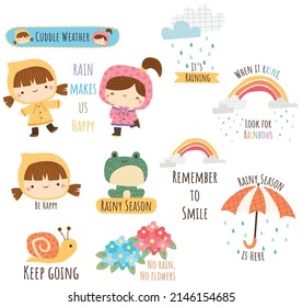 digital stickers of cute kids in rainy seasons