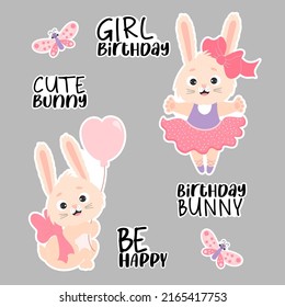 Digital stickers for girl birthday. Cute bunny ballerina, with balloon, butterfly and congratulations. Vector illustration. Isolated elements. Set of happy birthday greetings for design, decor, print