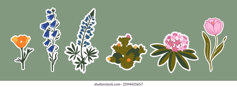 Digital stickers set with flowers. Vector illustration