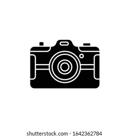 Digital still camera black glyph icon. Photography tool. Portable recording gadget. Photoshoot. Handheld electronic mobile device. Silhouette symbol on white space. Vector isolated illustration