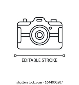 Digital still camera pixel perfect linear icon. Photography tool. Recording gadget. Photoshoot. Thin line customizable illustration. Contour symbol. Vector isolated outline drawing. Editable stroke