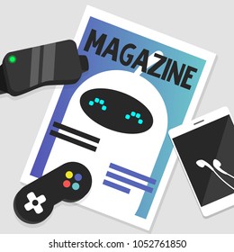 Digital still life. Electronic gadgets and magazine with cute white robot on the cover. Flat editable vector illustration, clip art