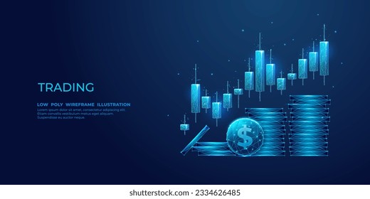 Digital stock exchange trading. Investment candle sticks and dollar coins in blue modern abstract polygonal style with 3D effect on the technological background. Low poly wireframe vector illustration svg