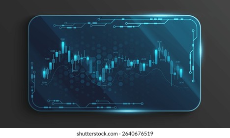 Digital stock market candlestick chart displayed on a glowing 3d glass card isolated on dark transparent background. Data graphs and circuit elements for UI and GUI design. Vector illustration.