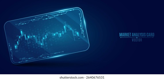 Digital stock market candlestick chart displayed on a glowing 3d glass card. Data graphs and circuit elements for FinTech background. Trading blockchain concept for UI and GUI. Vector illustration.