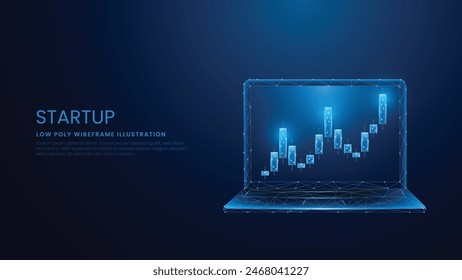 Digital stock market candlestick and trading concept with laptop. Low Poly Wireframe Vector Illustration on Technological Blue Background. 