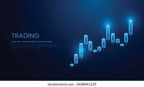 Digital stock market candlestick and trading concept. Low Poly Wireframe Vector Illustration on Technological Blue Background. 