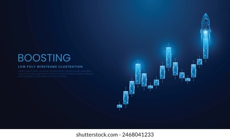 Digital stock market candlestick and trading concept with rocket boost. Low Poly Wireframe Vector Illustration on Technological Blue Background. 