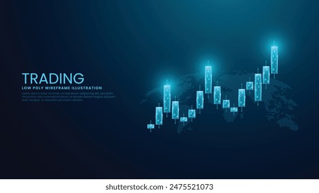 Candelero digital del mercado de valores y concepto de negociación. Mercado de valores, Forex y comercio de criptomonedas Ilustración vectorial de estructura de alambre de bajo poli sobre fondo azul tecnológico.