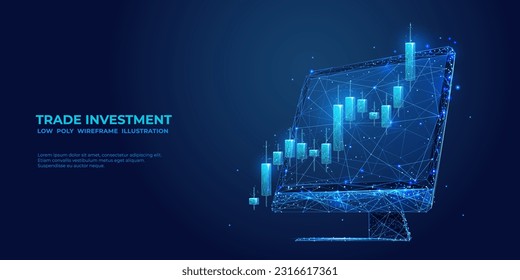 Concepto del mercado de valores digital. Bajo candelabro de poli en un monitor de ordenador abstracto. La concepción de la inversión comercial. Ilustración vectorial en colores azul tecnológico sobre fondo oscuro.