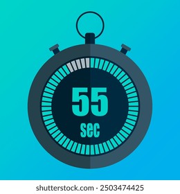 Digital stopwatch icon. Fifty five seconds. 55 seconds. Blue gradient background. Time management vector.