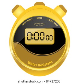 Digital stopwatch in modern oval style set in a gold case with a black and brown clock face. Isolated on white. Raster also available.