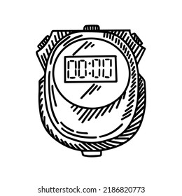 Digital Stopwatch sketched isolated. Timer in hand drawn style. Engraved design for poster, marketing, print, book illustration, logo, icon, tattoo. Vintage vector illustration.