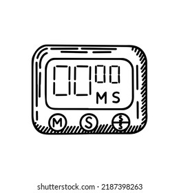 Digital Stopwatch sketched isolated. Timer in hand drawn style. Engraved design for poster, marketing, print, book illustration, logo, icon, tattoo. Vintage vector illustration.