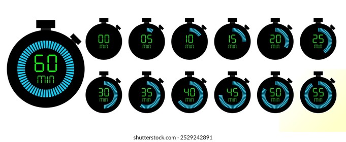 digital stopwatch or timer icons set (eps). countdown from 0 to 60 minute for accurate speed or time ​​measurements. clock or stop watch for app,ui, website etc use. digital stopwatch icons	