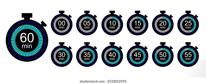 digital stopwatch or timer icons set (eps). countdown from 0 to 60 minute for accurate speed or time ​​measurements. clock or stop watch for app,ui, website etc use. digital stopwatch icons	
