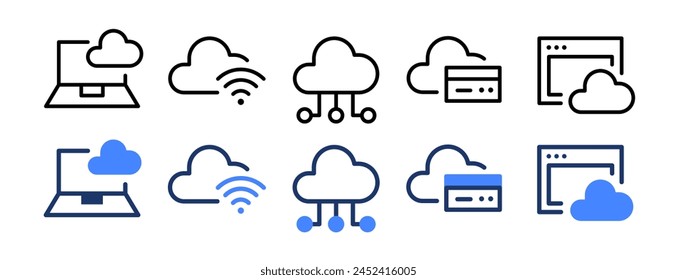 Digital storage cloud icons set illustration. Online network wireless computing.