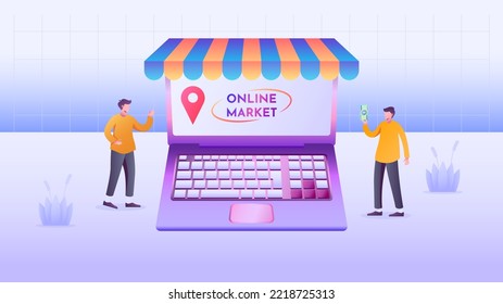 digital store or online marketplace vector design. global shopping mall. buying and selling online through laptop media. global shopping mall online marketplace. online business open shop 24 hours