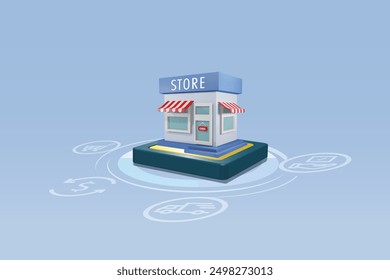 Digital store with order process for online shopping. Store building on circuit board with order step, order, payment packing and delivery. E commerce, digital store and online shopping. 3D vector.