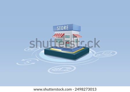 Digital store with order process for online shopping. Store building on circuit board with order step, order, payment packing and delivery. E commerce, digital store and online shopping. 3D vector.