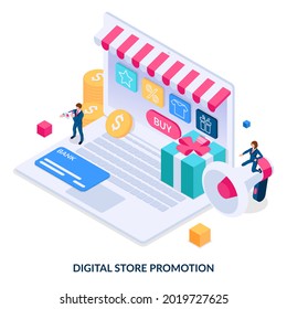 Digital store promotion concept. Advertising of goods and services. Internet marketing and online store. Isometric vector illustration on white background
