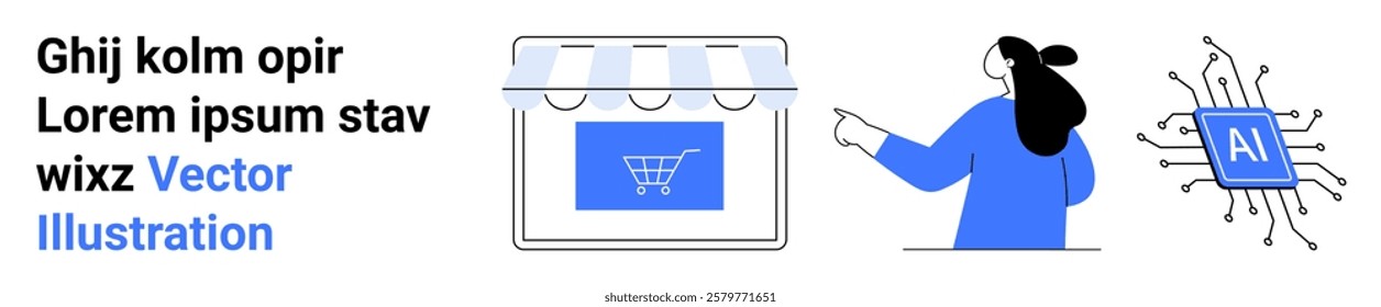 A digital store with a shopping cart icon, a person pointing, and a microchip labeled AI. Ideal for e-commerce, AI integration, online shopping, digital marketing, and technology. Banner for landing