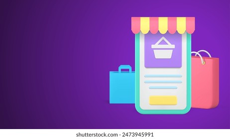 Digital store smartphone application grocery online shopping realistic 3d icon vector illustration. Internet retail commercial business order goods purchasing delivery service mobile phone basket app